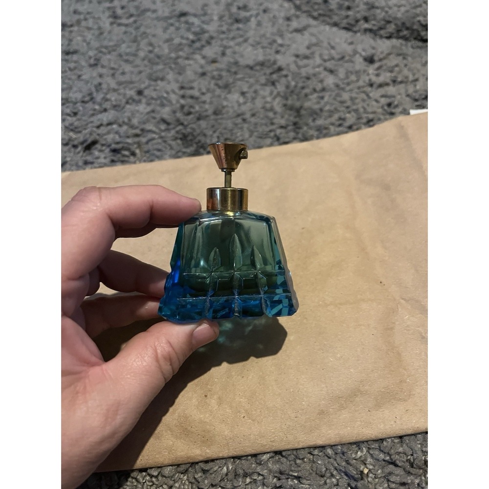 Vintage Turquoise Blue Cut Glass Perfume Atomizer Bottle